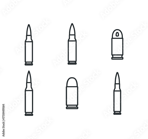 simple outline stroke icon isolated on white background Arms Museum 5.56×45 NATO bullet Arms Museum 7.62×39 steel core bullet Arms Museum 9×19 hollow point bullet Arms Museum .50 BMG armor