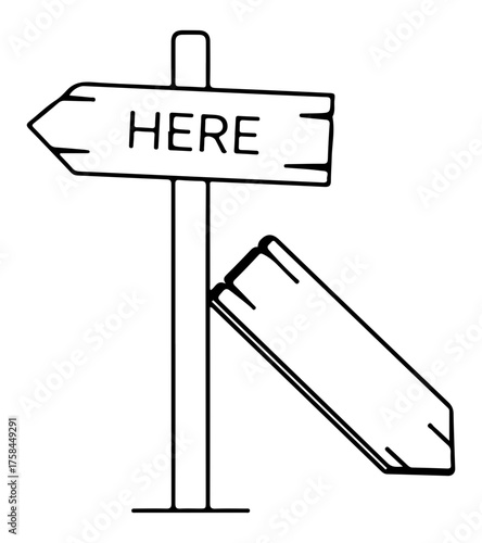 Vector silhouette of directional signpost with "HERE" label for navigation and design use