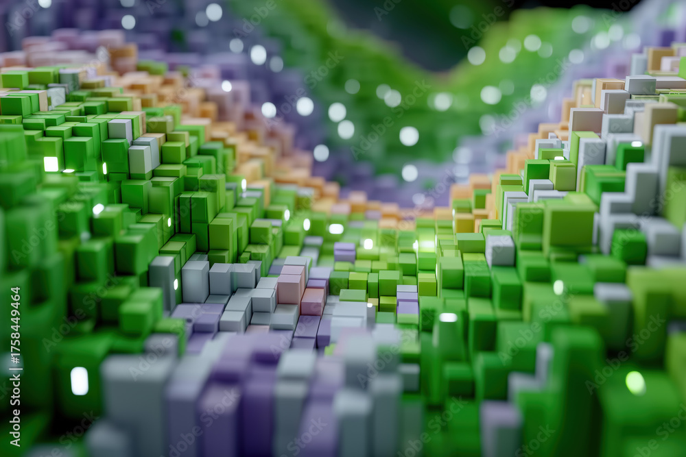 Obraz premium Abstract 3D Green Cubes Digital Landscape Background Technology Data Network Metaverse Concept Modern Futuristic Render