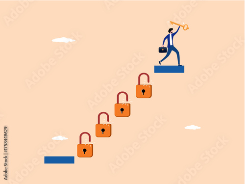 businessman unlocks the key step by step until he succeeds