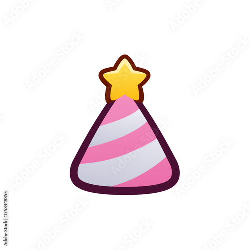 Isolated flat 3d Party Hat icon for game, interface, sticker, app. The sign in a cartoon style for match 3, arcade, rpg. The Celebration sprite for craft element in hyper casual mobile game.