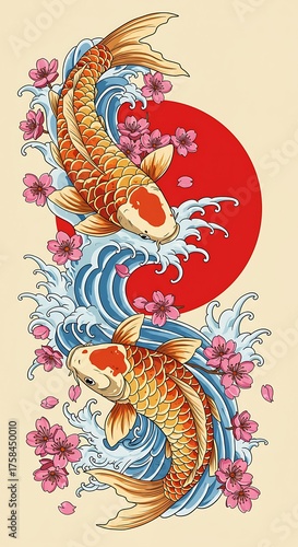 Wallpaper Mural Japanese Koi Fish Tattoo with Waves and Cherry Blossoms Torontodigital.ca