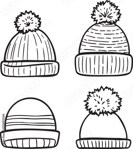 Winter hat vector set—black-and-white cartoon illustrations of four pom-pom beanies with varied designs for fashion and seasonal themes