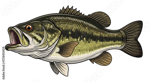 A detailed illustration of a largemouth bass fish with its mouth open, isolated on white.