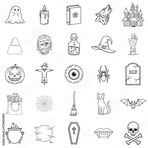 Black Outline Halloween Icon Collection with Minimal Spooky Designs