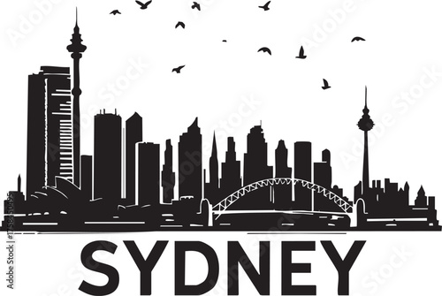 Sydney skyline silhouette vector—black-and-white cityscape with Harbour Bridge, Tower, and birds for travel and landmark themes