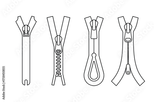 Vector line drawing illustration of four different zipper designs scalable eps icon for fashion and apparel silhouette