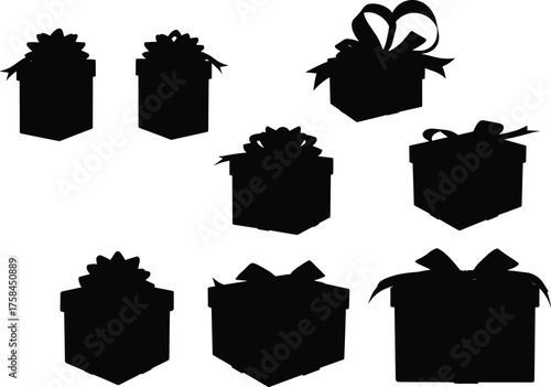 Gift box silhouette icons, black present shapes, ribbon bow designs, holiday packaging symbols, festive decoration elements, vector graphic illustration set
