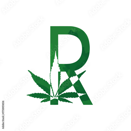 Cannabis monogram, Latin letter R on white background