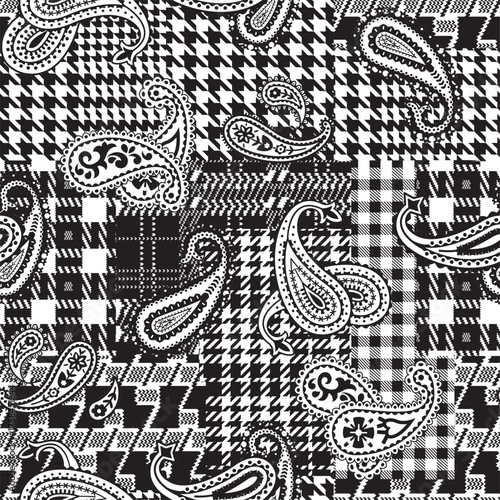 Houndstooth tartan plaid and paisley swirl patchwork wallpaper abstract vector seamless pattern for fabric shirt pillow tablecloth wrapping carpet rug 