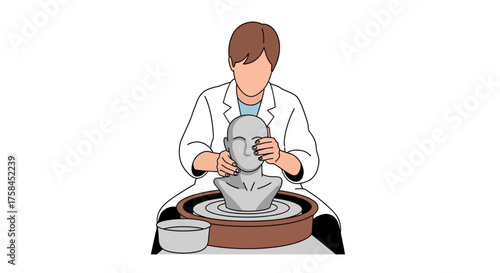 Illustration of a sculptor in a white coat creating a human head sculpture from clay on a potter's wheel