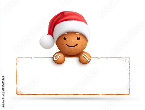 Cute Gingerbread Cookie Character with Santa Hat Holding Blank Sign