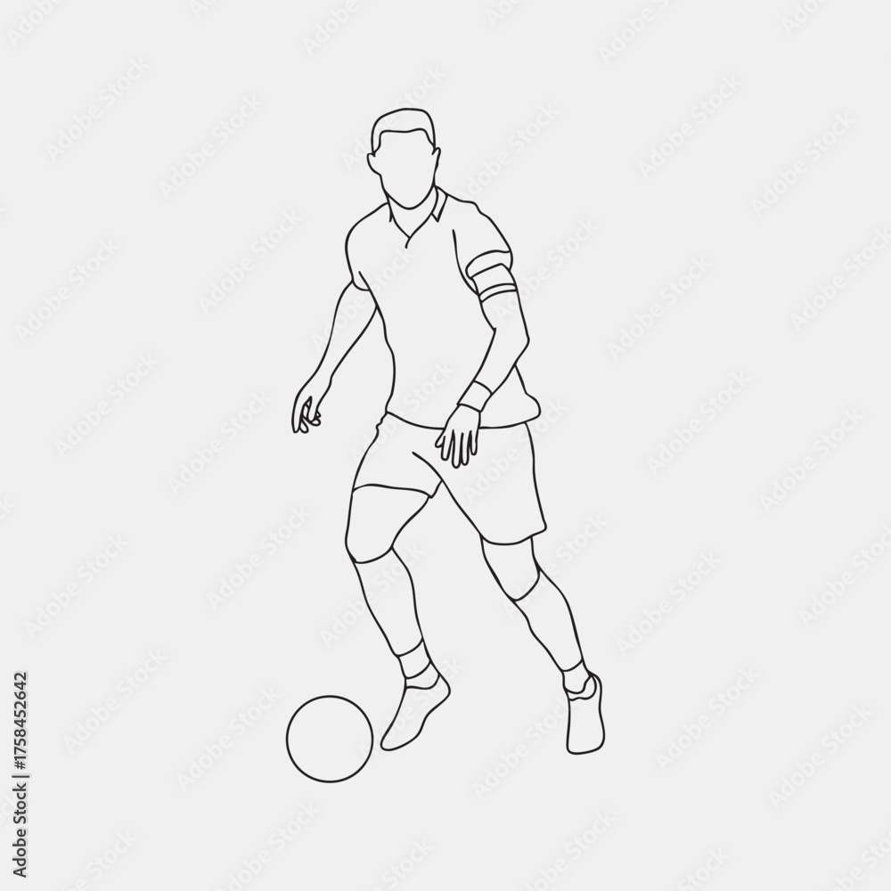 Fototapeta premium Continuous line drawing of a football player. man playing soccer ball template. Line art soccer player with ball illustration vector hand drawn isolated on white background.