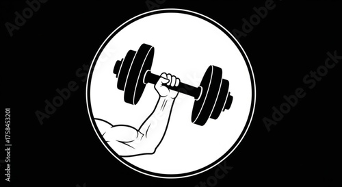 Illustration of a muscular arm lifting a dumbbell in a circle, symbolizing strength, fitness, and determination on