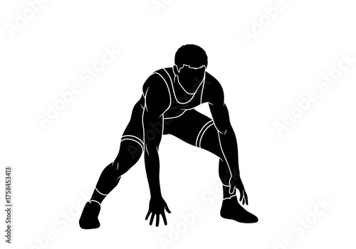 Male wrestler vector silhouette in a ready stance, poised for competition and athletic performance, isolated on white.