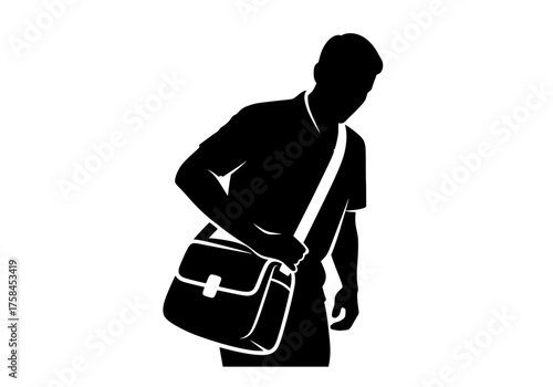 Man carrying messenger bag vector silhouette illustration of a person with a shoulder satchel isolated on white background