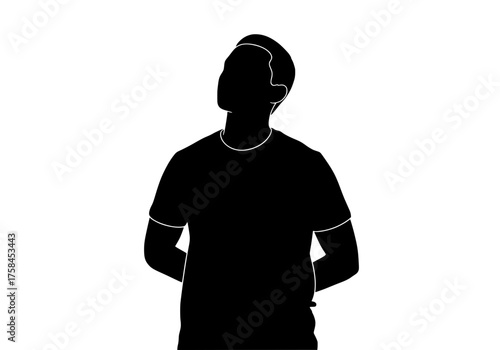 Man looking up vector silhouette with hands clasped behind back isolated on white for various design projects
