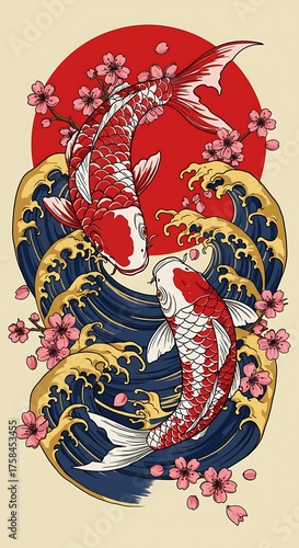 Japanese Koi Fish Tattoo with Waves and Cherry Blossoms