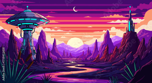 A vibrant pixel art illustration of a futuristic alien world with a sci-fi outpost and a winding river at sunset