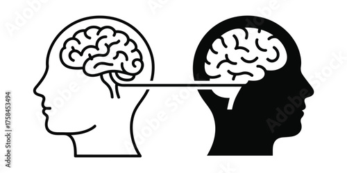 Vector illustration of two heads with brains communicating via a connecting line silhouette
