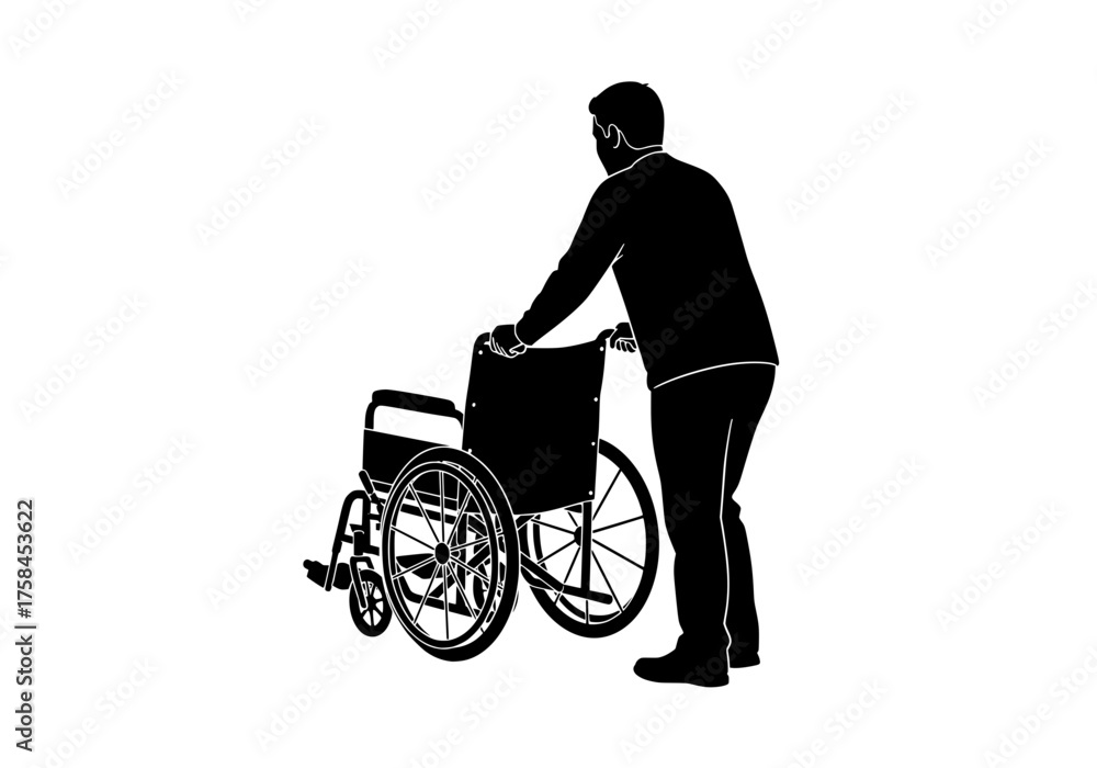 Naklejka premium Person pushing a wheelchair vector silhouette providing assistance and care for mobility disability and medical needs