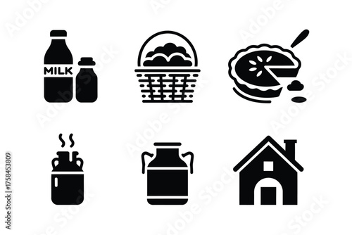 Minimalist black and white icons set of farm fresh food and housing for versatile vector graphics silhouette