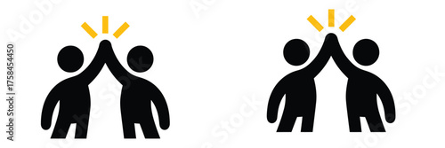 Minimalist vector illustration icon depicting two figures celebrating a high five victory silhouette