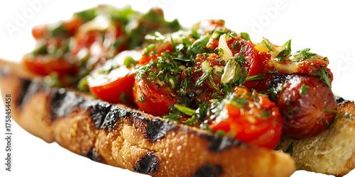 Grilled sausage with roasted tomatoes and herbs on a bun