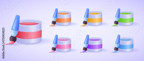 Rainbow paint brushes and color jars set — playful art mood 3d vector illustration of creativity, painting tools and messy imagination splash