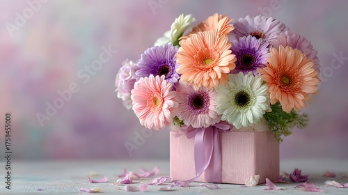 Wallpaper Mural Beautiful bouquet of pastel gerbera daisies is arranged in a chic pink gift box with a silk ribbon, set against a soft lavender wall. Torontodigital.ca