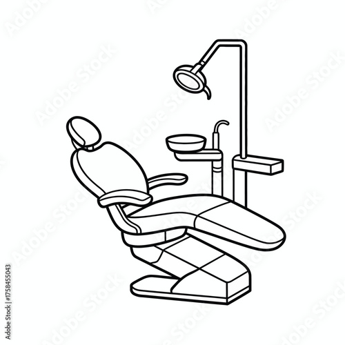 Minimalist line drawing illustration of a dental chair and equipment vector graphic silhouette