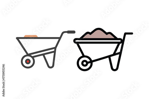 Two wheelbarrows one outlined and one filled with soil shown side by side