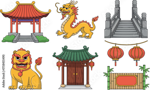 This diverse image features a collection of iconic Chinese elements, including traditional pagodas, a mythical golden dragon, a stone bridge, a foo dog (guardian lion), and decorative lanterns.