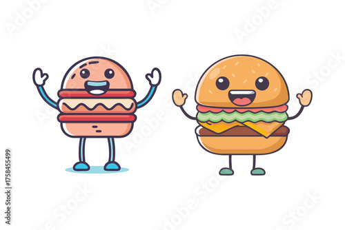 Two happy cartoon food characters a burger and a hotdog wave cheerfully