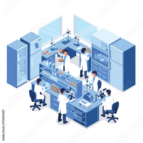 Scientists in a modern laboratory conducting experiments with beakers and microscopes