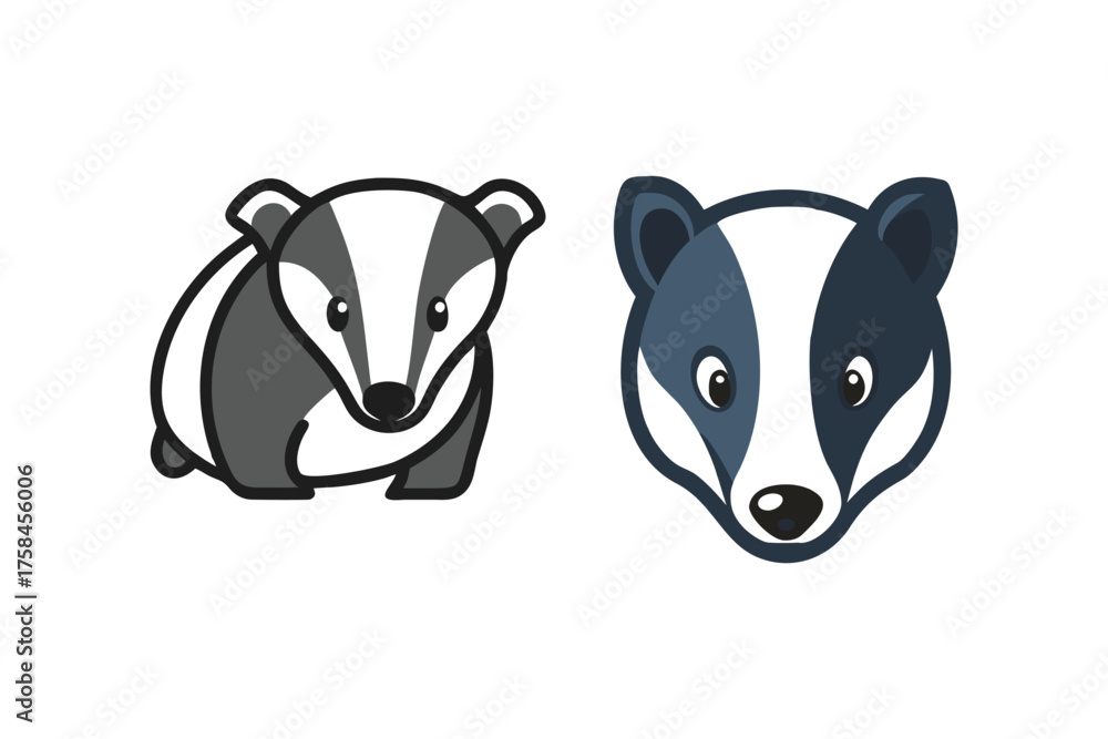 Naklejka premium Two badger head illustrations one grayscale and one in blue tones
