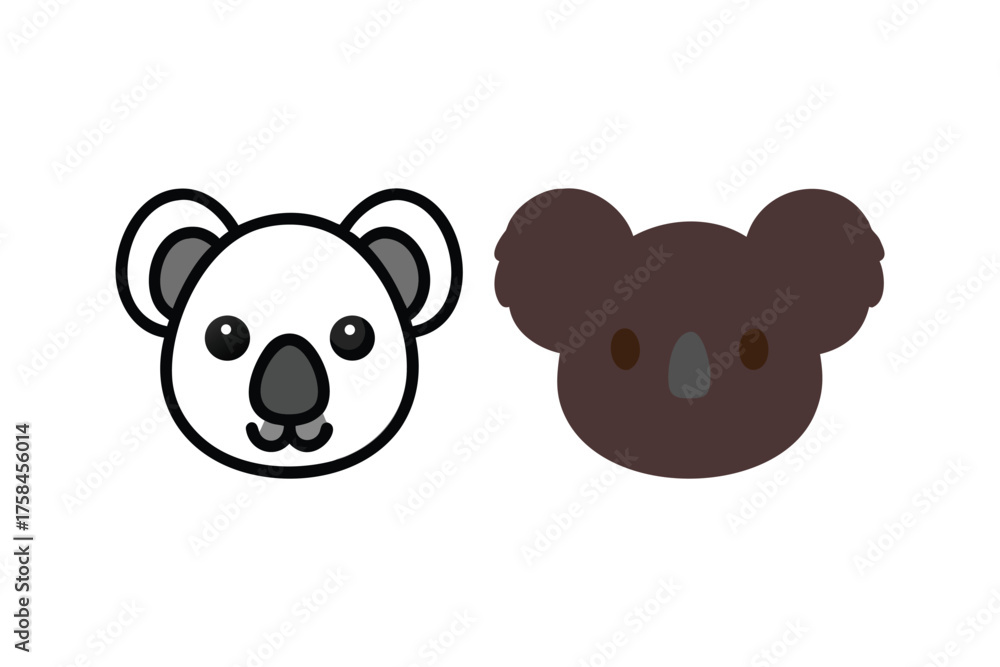Fototapeta premium Two cartoon koala heads one white and one brown isolated on white