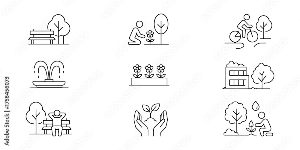 Fototapeta premium Urban park and green environment linear icon set