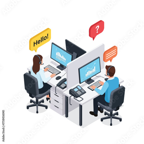 Call Center Agents Working at Desks with Computers and Headsets