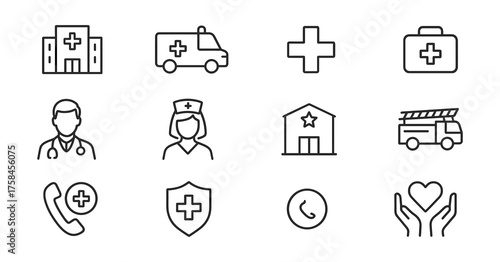 Healthcare and medical emergency linear icon set