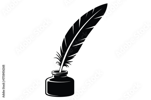 Elegant black and white vector illustration of a quill pen and inkwell ideal for writing or design silhouette