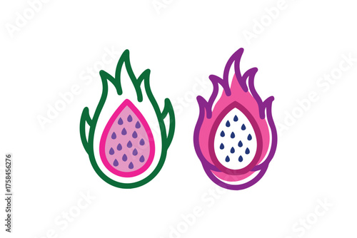 Two stylized dragon fruit halves with vibrant pink and green hues