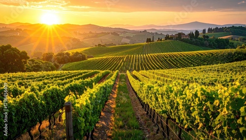 Vineyard Landscape at Sunset with Rolling Hills and Golden Sunlight Over Grape Vines in Tuscany Italy