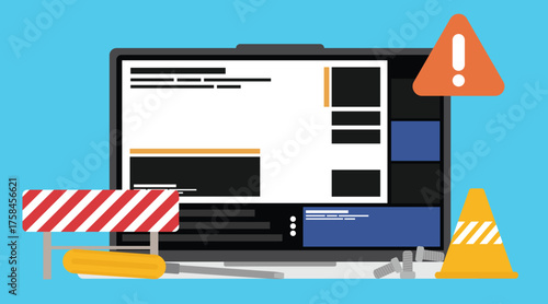 Computer repair maintenance service, Laptop with screwdriver and bolt on screen, Laptop application program maintenance concept vector flat design.