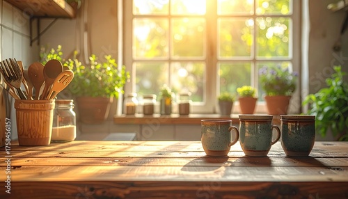 Warm Morning Kitchen Sunlight Illuminates Wooden Countertop With Three Mugs and Utensils View Through Window