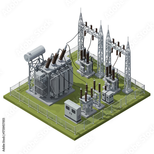 Electrical Substation with Transformer and Power Lines