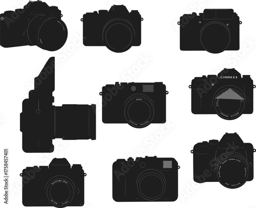 Silhouette camera icons, DSLR, mirrorless, compact, photography gear, vintage models, camera shapes, tech equipment, isolated black design