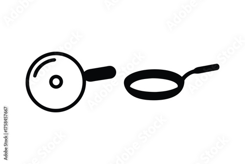 Simple black and white illustration of a frying pan and magnifying glass