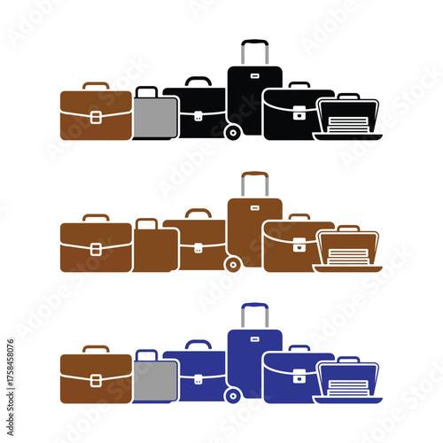 Collection of diverse briefcases and luggage in various colors for travel and business needs
