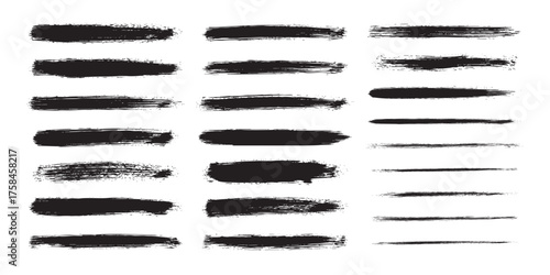 black paint brush stroke set, grunge ink stroke textures, hand drawn dry brush lines, abstract paint streaks and artistic ink smudge collection for graphic design element and digital artwork